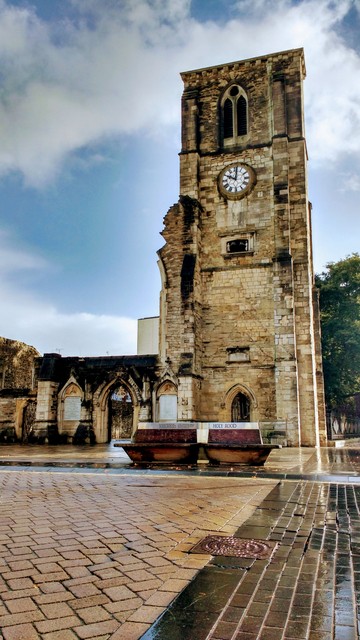 The Holy Rood church is one of four major churches and it's damage from WWII is very visible. It commemorates those of died at sea.