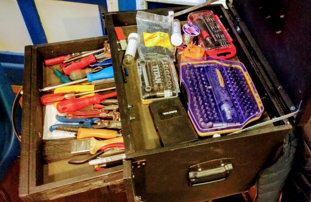 This comprehensize toolbox was custom-made  by the owner Neville. Very cool.